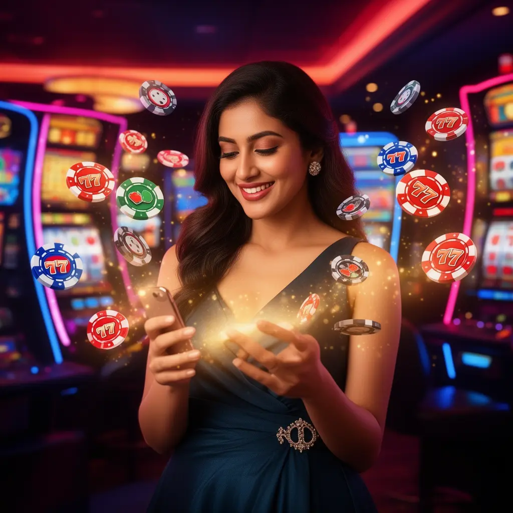 Smiling Bangladeshi woman using the 71TK casino app on her phone with glowing poker chips and 777 slot symbols floating around her