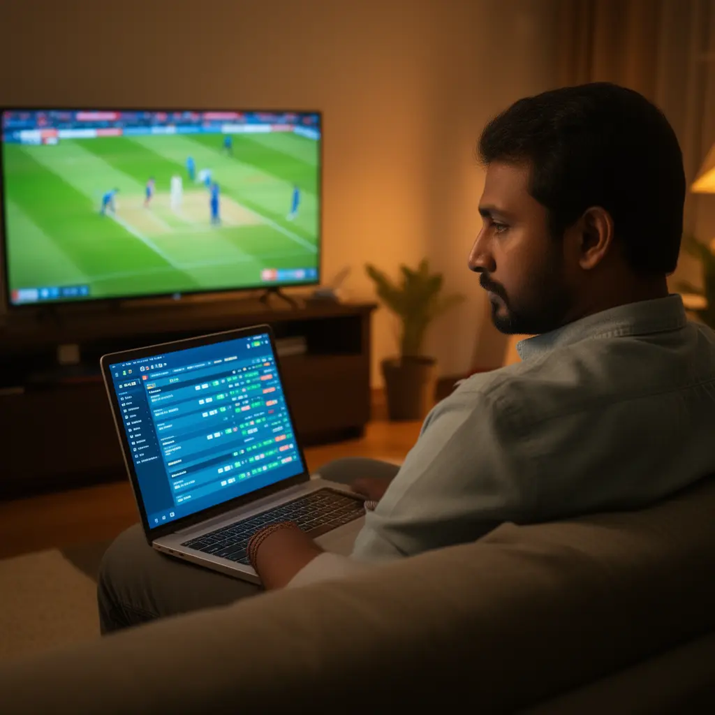 Focused Bangladeshi player using the 71TK sports betting platform on a laptop while watching a live cricket match on TV in a cozy home setting