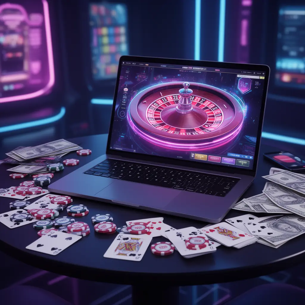 Modern laptop displaying a vibrant online roulette wheel surrounded by casino chips and cards representing live casino excitement at 71TK in Bangladesh