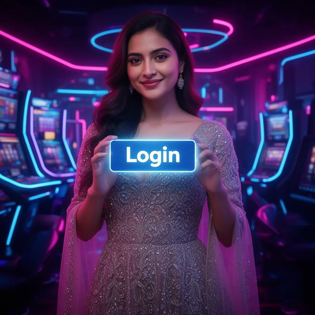 A glamorous Bangladeshi woman holding a glowing login card in a neon casino setting representing modern account access at 71TK