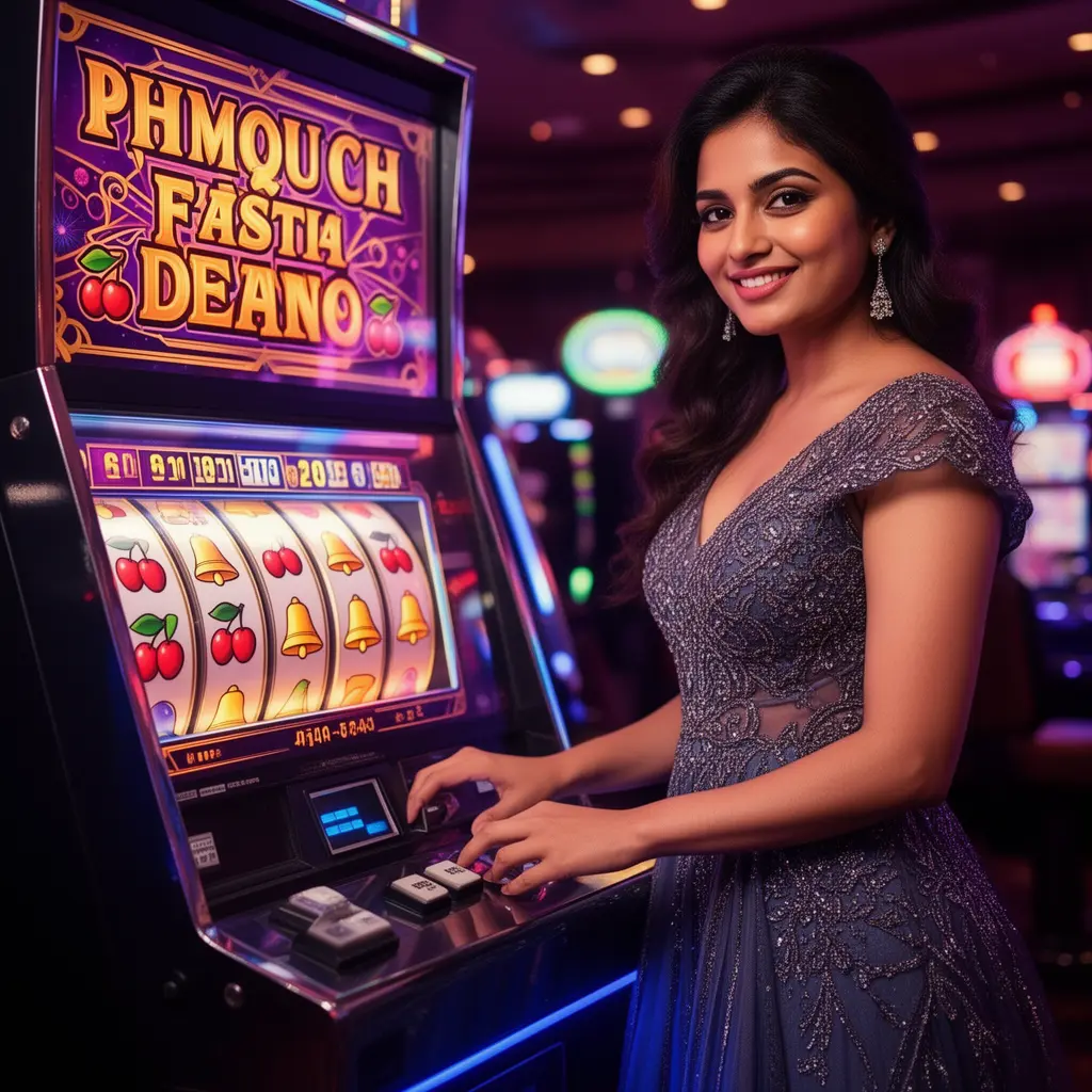 Elegant Bangladeshi woman in a luxurious gown playing a glowing slot machine in a vibrant casino atmosphere at 71TK